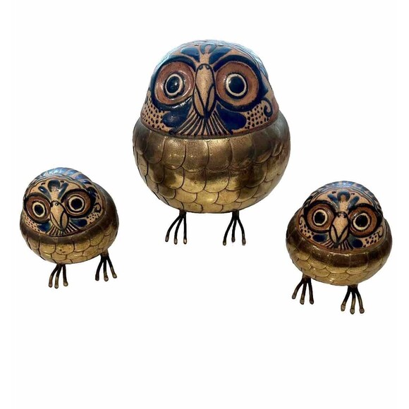 Tonala Mexican Pottery & Brass Owls Family Signed Alexander Blazquez MCM